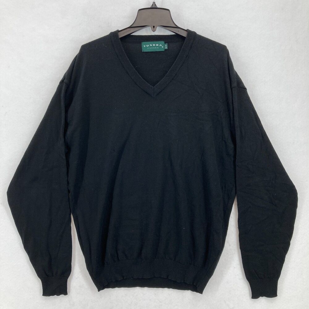 Vintage Tundra Canada Merino Wool Sweater Mens XL Black‎ V Neck Long Sleeve Knit